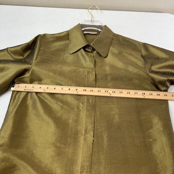 Valerie Stevens Pure Silk Button-Up Shirt Olive Green Size 8 Classic Luxe Staple - Picture 11 of 12